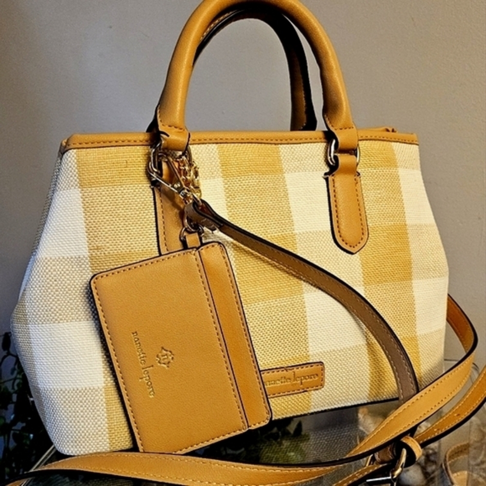 Nanette Lepore Crossbody Purse Tan and White Gingham with Card Case